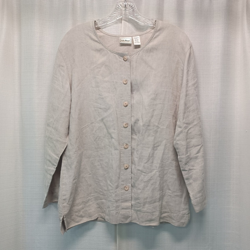 LL Bean Women Small Petite Linen Button Front Blouse Oatmeal Beige Long Sleeve